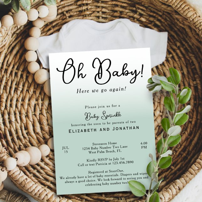 Simple Funny Oh Baby Sage Green 2nd Baby Sprinkle Invitation (Creator Uploaded)
