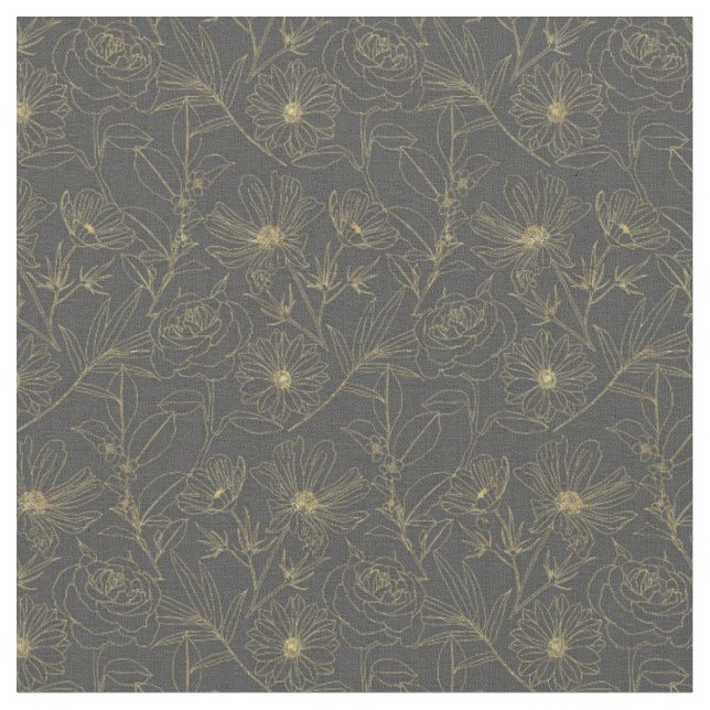 Simple garden flowers gold outlines design fabric (Close Up)