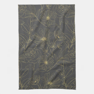 Simple garden flowers gold outlines design kitchen towel