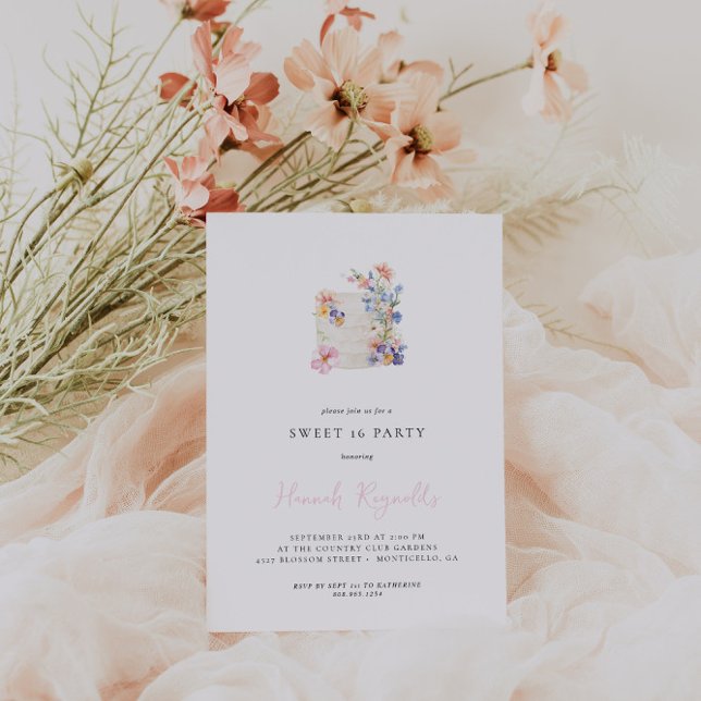 Simple Gâteau Floral Sweet 16 Invitation d'anniver (Créateur téléchargé)