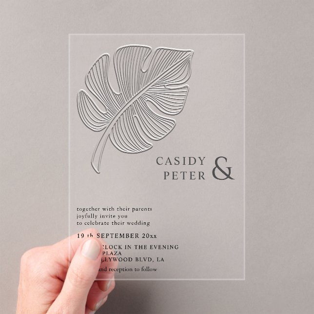 Simple gentle embossed tropical monstera leaf acrylic invitations (Insitu (Handheld))