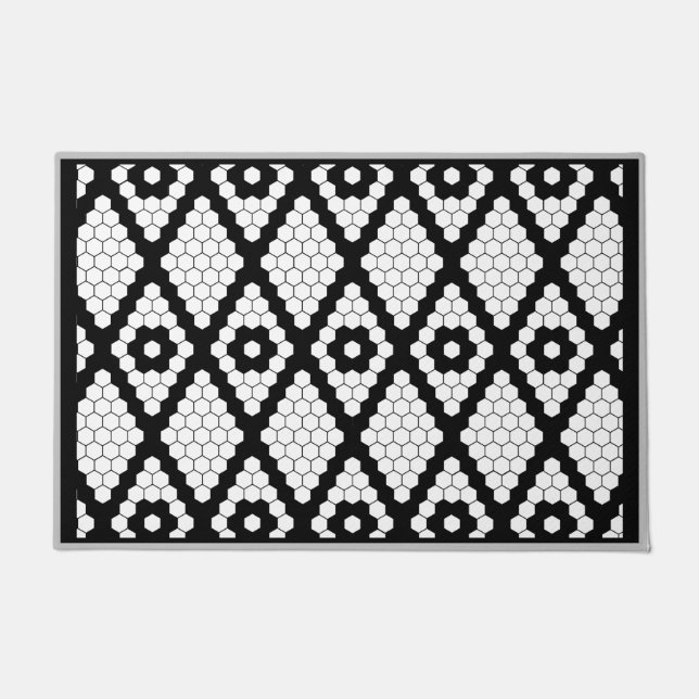 Simple Geometric Diamond Faux Tile Black and White Doormat (Front)