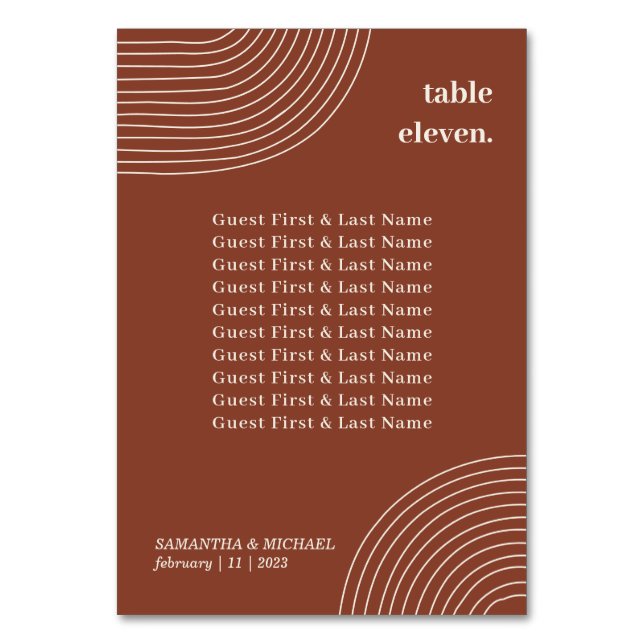 Simple Geometric Line Terracotta guest name seat Table Number (Front)