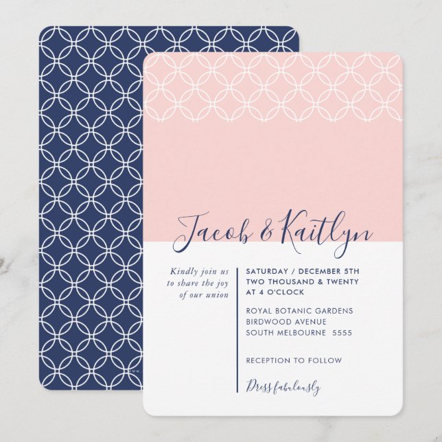 SIMPLE GEOMETRIC PATTERN navy blue pale blush pink Invitation (Front/Back)