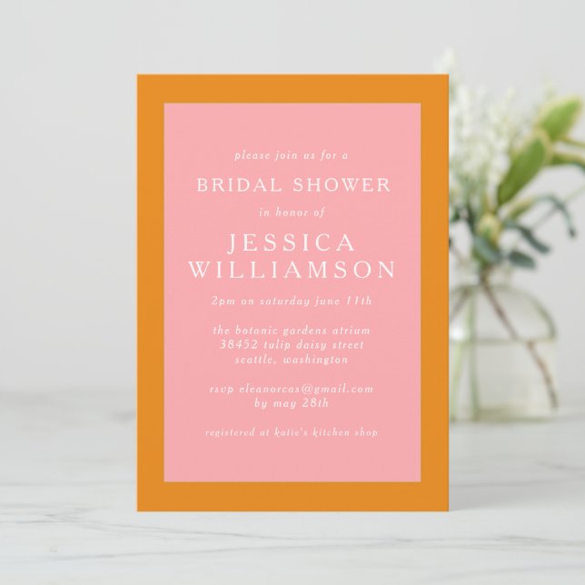 Simple Geometric Pink and Orange Bridal Shower Invitation (Standing Front)