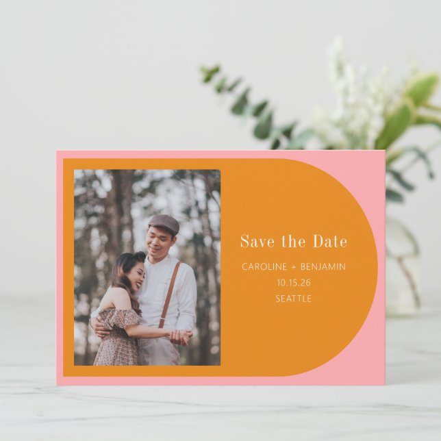 Simple Geometric Pink Orange Typography Photo Save The Date (Standing Front)