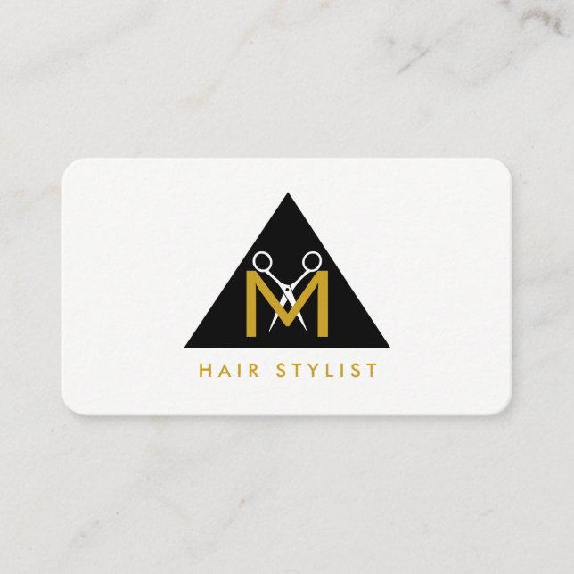 Simple Geometric Triangle Scissor Logo Business Card (Front)