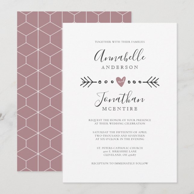 Simple Geometry Heart and Arrow Dusty Rose Wedding Invitation (Front/Back)