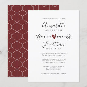 Simple Geometry Heart and Arrow Red Wine Wedding Invitation
