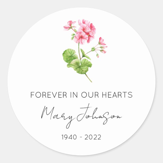 Simple Geranium Memorial  Classic Round Sticker (Front)
