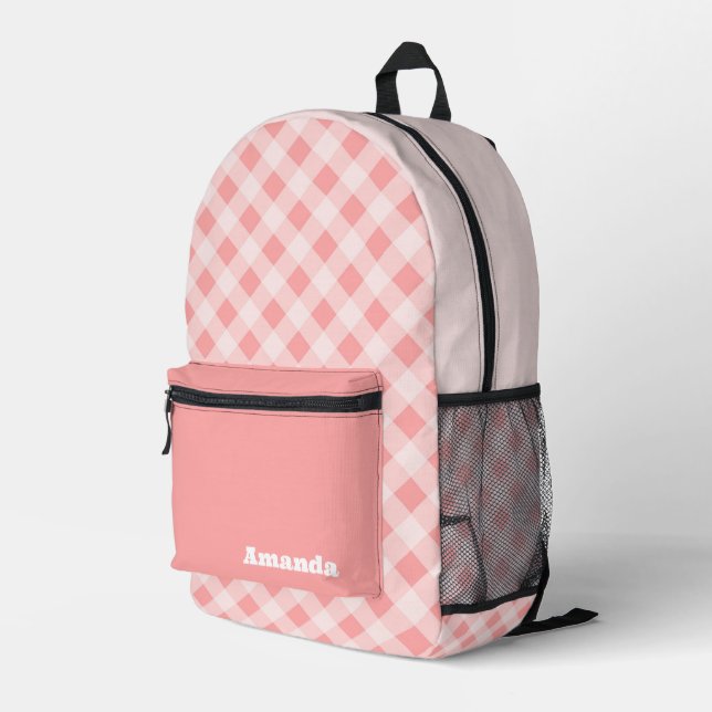 Simple Girl's pink plaid watercolor with Name Printed Backpack (Back Corner Right)