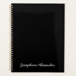 Simple girly cute black handwritten name text planner<br><div class="desc">Simple girly cute black and white handwritten casual script name,  text,  monogram or year personalized Planner.
Custom white text on black plain solid colour background.</div>