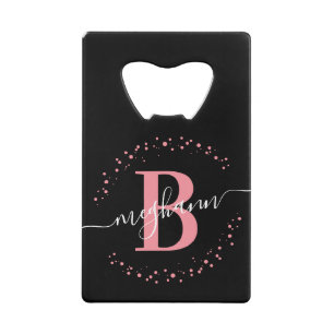Simple Girly Pink Black Name Monogram  Credit Card Bottle Opener