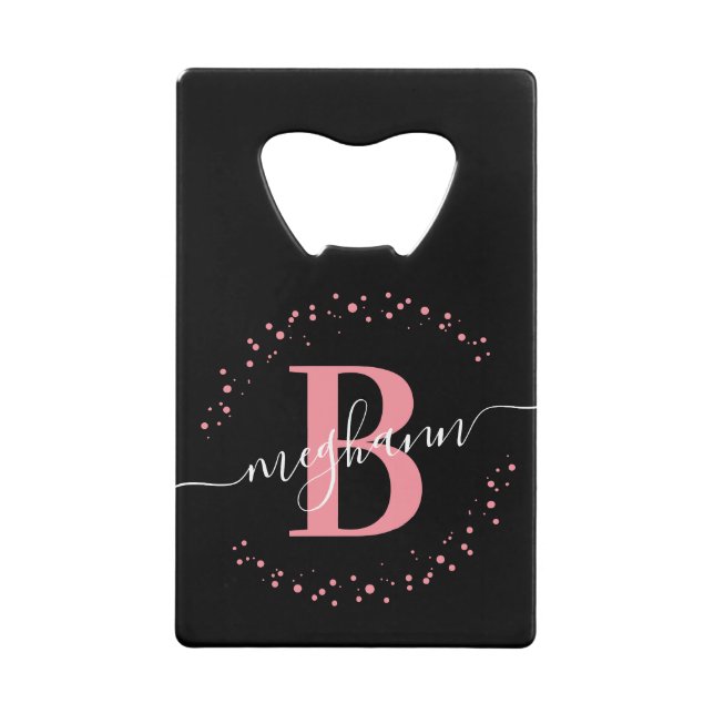Simple Girly Pink Black Name Monogram  Credit Card Bottle Opener (Front)