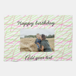 Simple glitter red green add your photo birthday kitchen towel