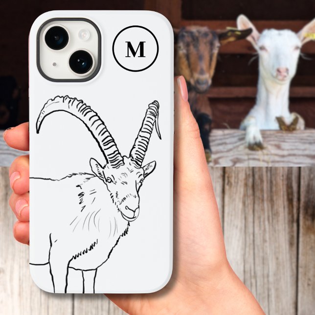 Simple Goat Drawing Black and White Monogram Case-Mate iPhone Case (Minimlist goat drawing black and white monogram custom iPhone case)