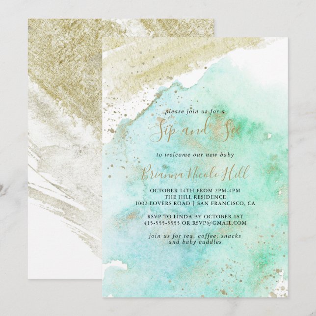 Simple Gold and Green Minimalist Sip and See Invitation (Front/Back)