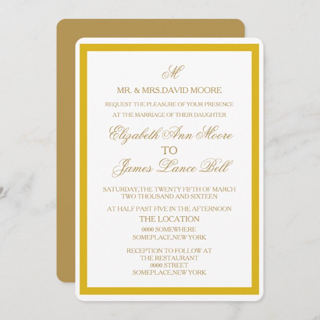 Simple Gold and White Wedding Invitation (Front/Back)