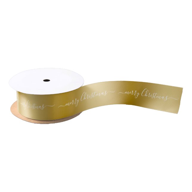 Simple Gold Background Merry Christmas Whte Tex Satin Ribbon (Spool)