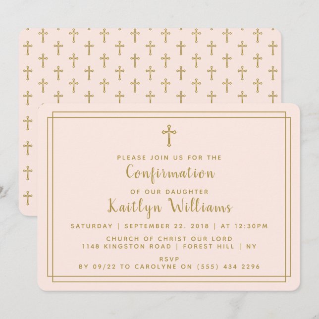 Simple Gold & Blush Pink Holy Cross Confirmation Invitation (Front/Back)