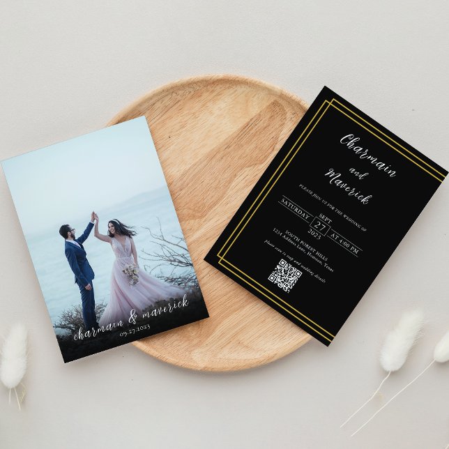 Simple Gold Border Formal Black and White Wedding Invitation (Creator Uploaded)
