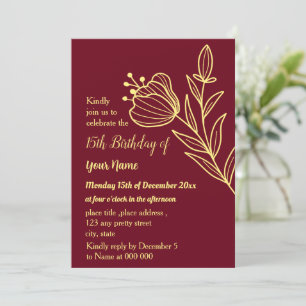 Simple gold butterflies burgundy birthday invitation