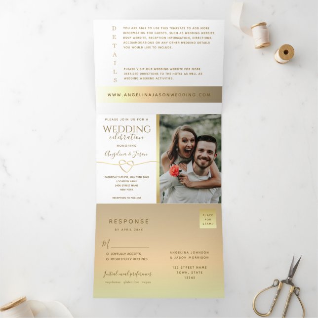 Simple Gold Calligraphy Photo Wedding Tri-Fold Invitation (Inside)