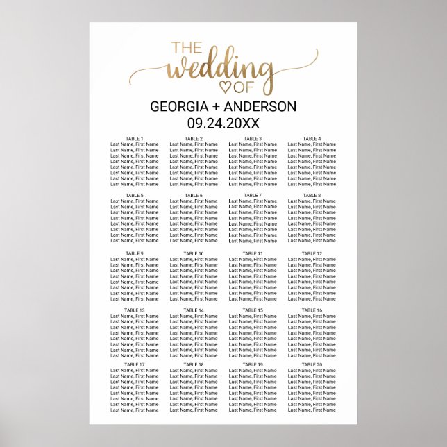 Simple Gold Calligraphy Wedding Seating Chart (Front)
