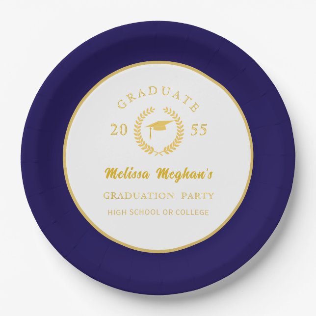 Simple Gold Cap Laurel Wreath Graduation Party  Pa Paper Plate (Front)