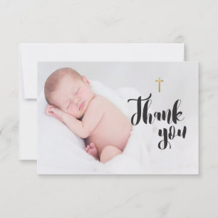 Simple Gold Cross   Baby Baptism Thank you Photo Card