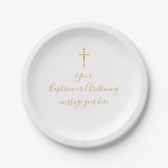 Simple Gold Cross Baptism Christening Message Paper Plate (Front)