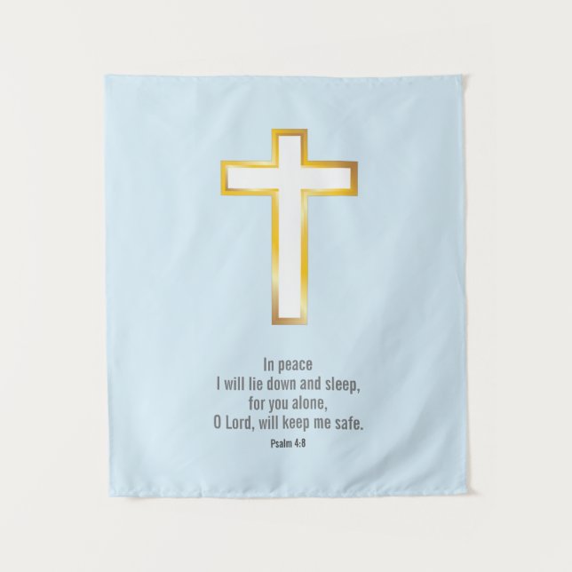 Simple Gold Cross Bible Verse On Light Blue Tapestry (Front)