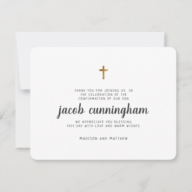 Simple Gold Cross Confirmation Thank You Card (Front)