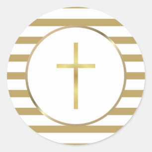 Simple Gold Cross Elegant Stripe Classic Round Sticker