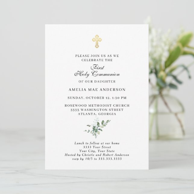 Simple Gold Cross First Holy Communion Invitation (Standing Front)