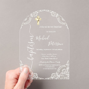 Simple Gold Cross Lace Baptism Dusty Blue Acrylic Invitations
