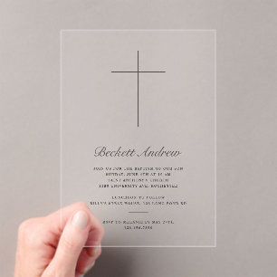 Simple Gold Cross Script Baptism Acrylic Invitations