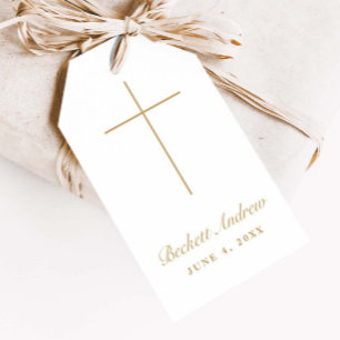 Simple Gold Cross Script Baptism Gift Tags