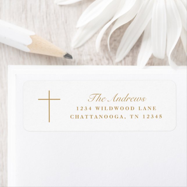 Simple Gold Cross Script Baptism Return Address (Insitu)
