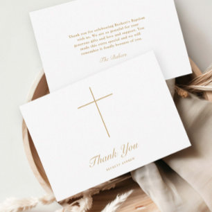 Simple Gold Cross Script Baptism Thank You Card