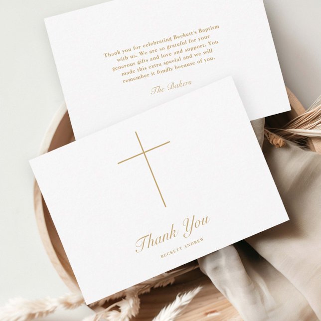 Simple Gold Cross Script Baptism Thank You Card (Elegant, simple cross religious baptism thank you note cards.)