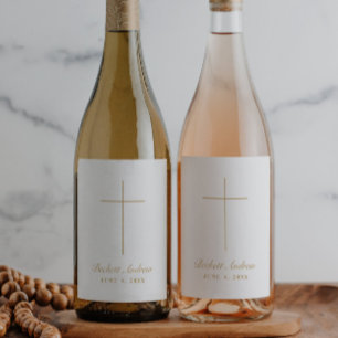 Simple Gold Cross Script Baptism Wine Label