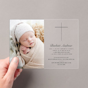 Simple Gold Cross Script Photo Baptism Acrylic Invitations