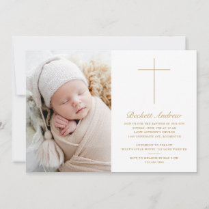Simple Gold Cross Script Photo Baptism Invitation
