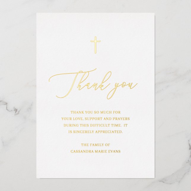 Simple Gold Cross Sympathy Carte de remerciements  (Recto)