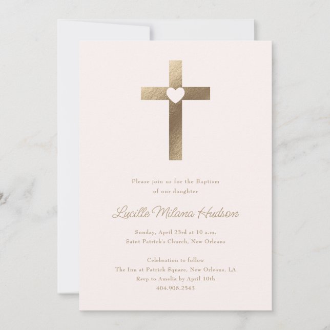 Simple Gold Cross with Heart Girls Baptism Invitation (Front)