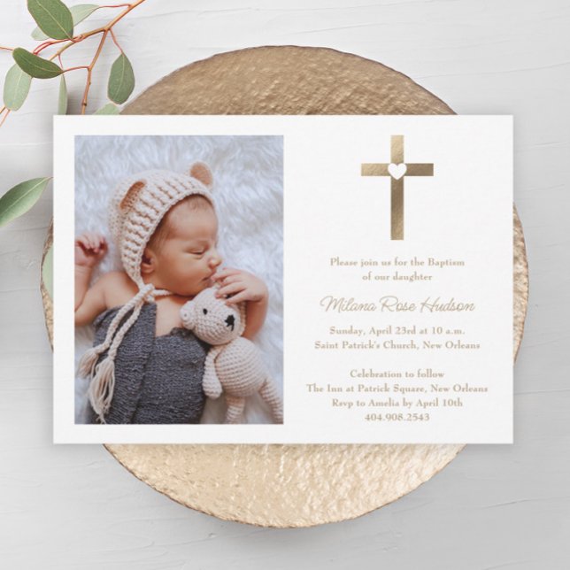 Simple Gold Cross with Heart Photo Baptism Invitation (Simple gold cross with heart neutral photo baptism invitation.)