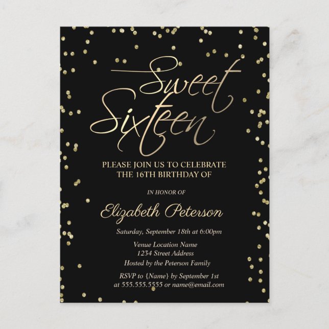 Simple Gold Diamonds Black Sweet 16 Invitation  (Front)