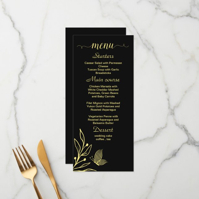 Simple gold flower black wedding menu (Front/Back In Situ)