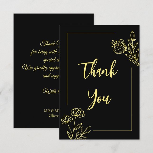 Simple gold flower black wedding thank you card (Front/Back)